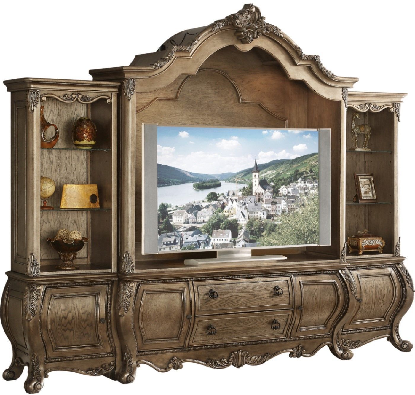 Carolongian Traditional Ornate Bombe Style Tv Console In With Regard To Antique Style Tv Stands (View 2 of 15)