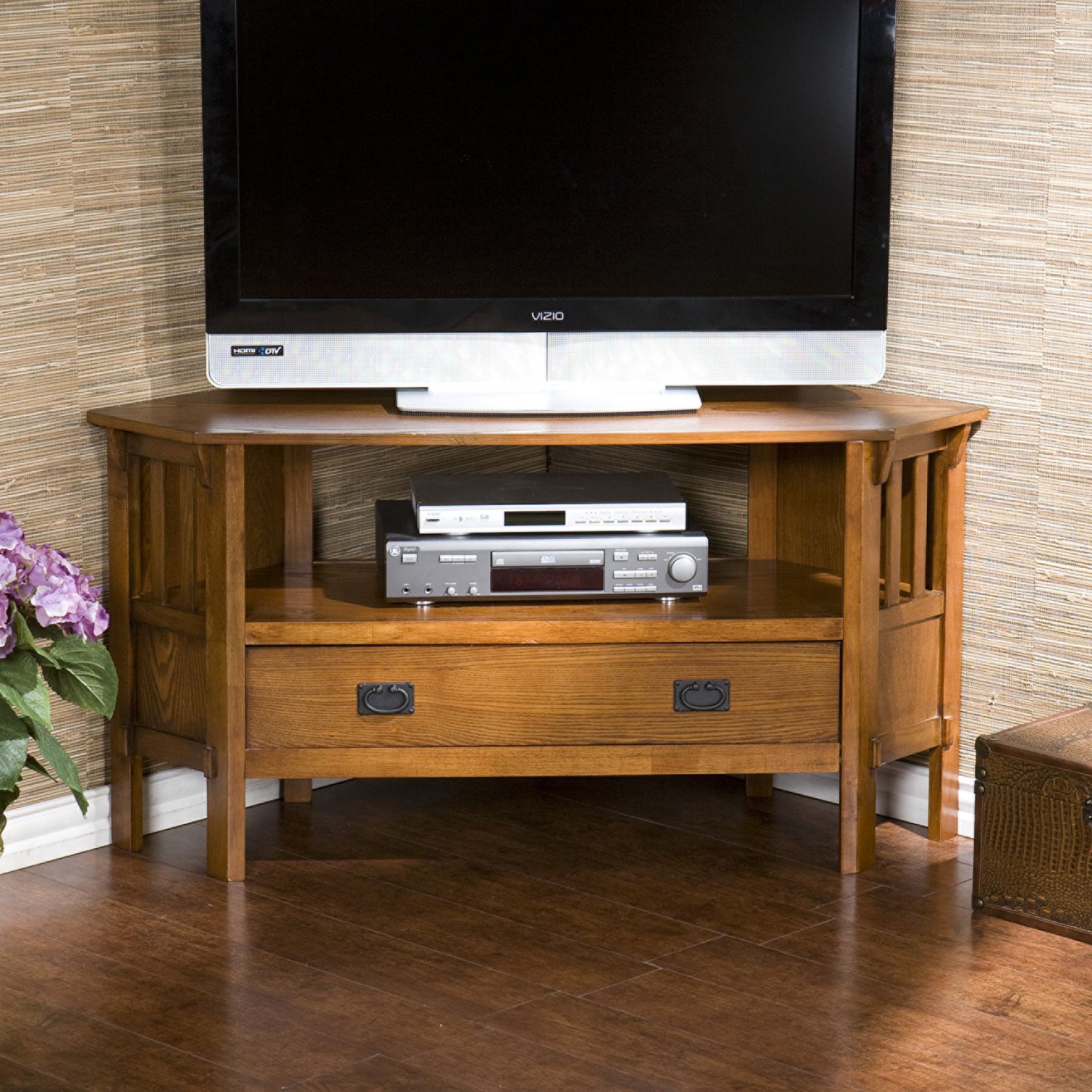 Carson Oak Corner Media Stand – Tv Stands At Hayneedle Throughout Oak Tv Entertainment Stands (View 1 of 15)