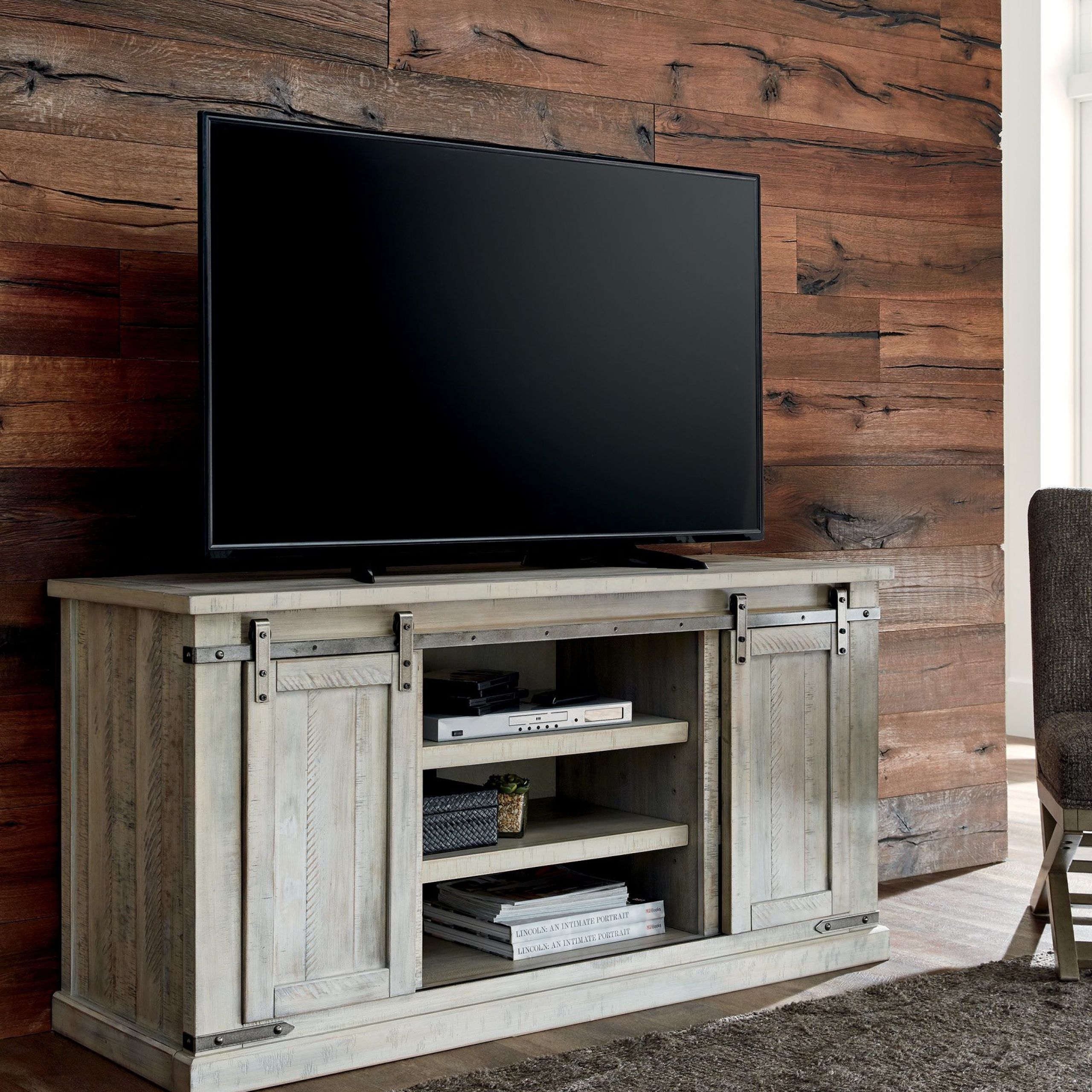 Carynhurst Whitewash Tv Stand | A Brilliant Rendition Of Regarding Modern Farmhouse Style 58&quot; Tv Stands With Sliding Barn Door (View 11 of 15)