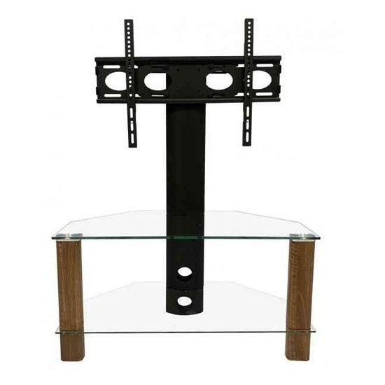 Century Corner Glass Tv Stand In Walnut With Brackets Throughout Corner Tv Stands With Bracket (View 10 of 15)