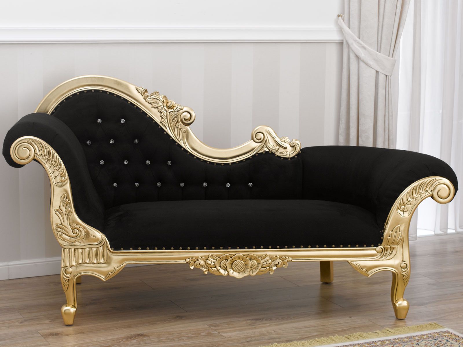 Chaise Longue Joana French Baroque Style Sofa Day Bed Gold Within 4pc French Seamed Sectional Sofas Velvet Black (View 8 of 15)