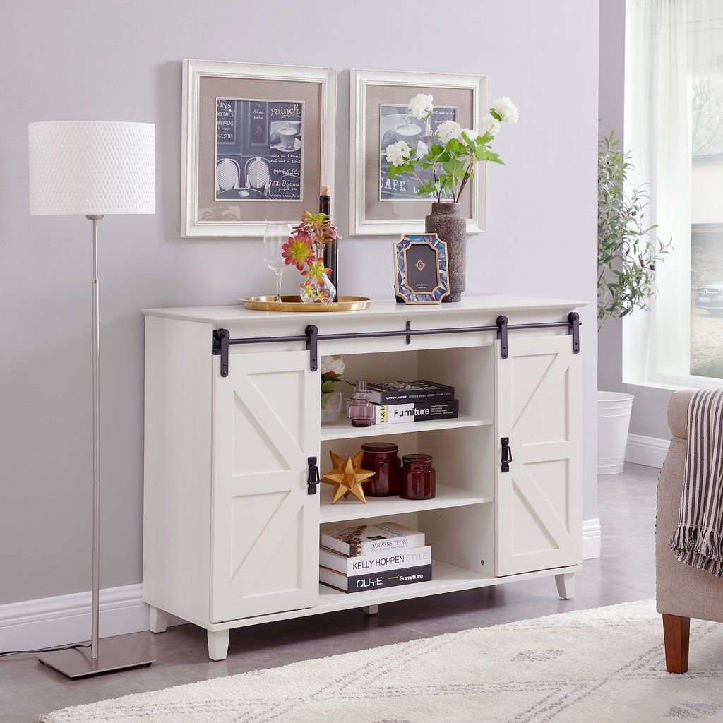 Circlelink Sliding Barn Door Console Tv Stand, Ivory Intended For Compton Ivory Corner Tv Stands (Photo 14 of 15)