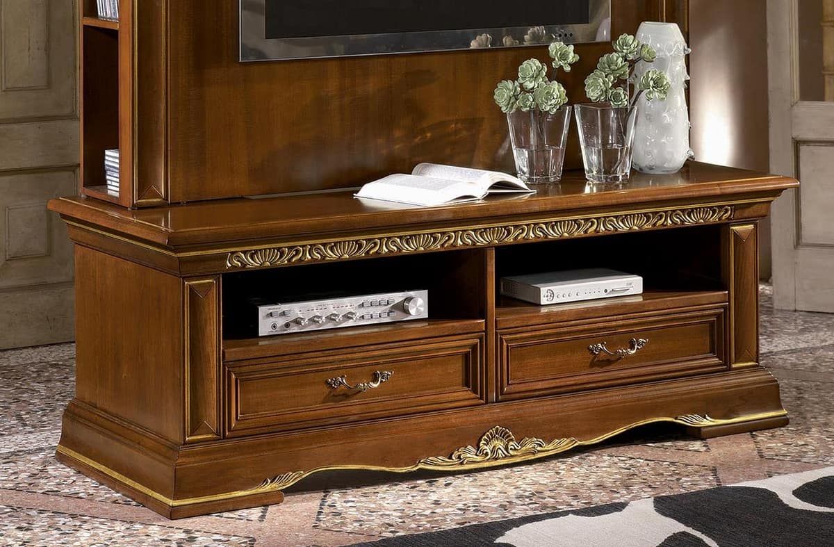 Classic Tv Stand In Carved Wood, Gold Leaf Finish | Idfdesign Pertaining To Richmond Tv Unit Stands (View 13 of 15)