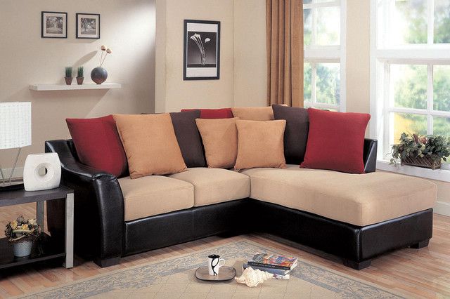 Coaster Small Beige Microfiber Leather Sectional Sofa With Bonded Leather All In One Sectional Sofas With Ottoman And 2 Pillows Brown (View 7 of 15)