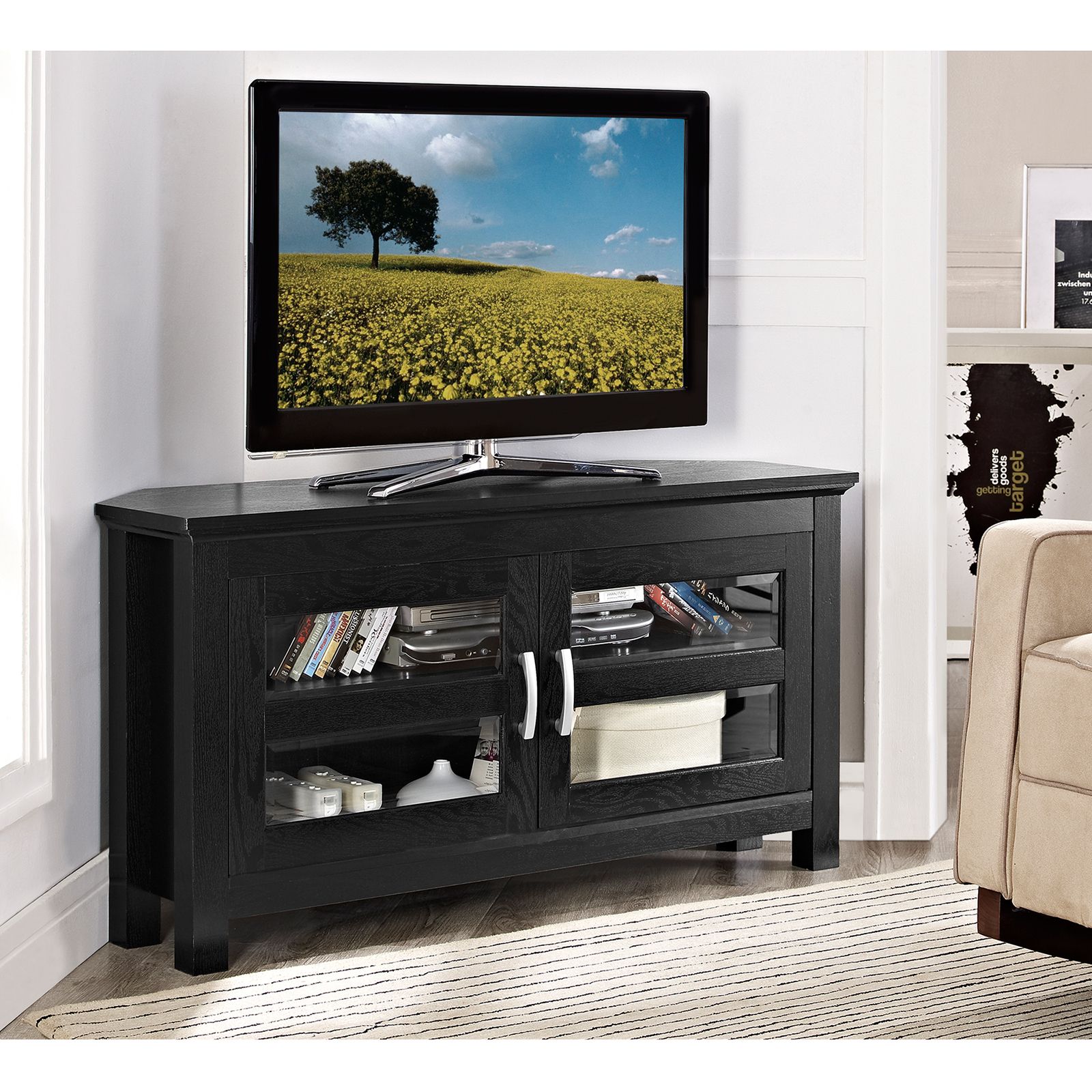 Compton Black Corner Tv Stand – Tv Stands At Hayneedle Within Tall Tv Cabinets Corner Unit (Photo 1 of 15)