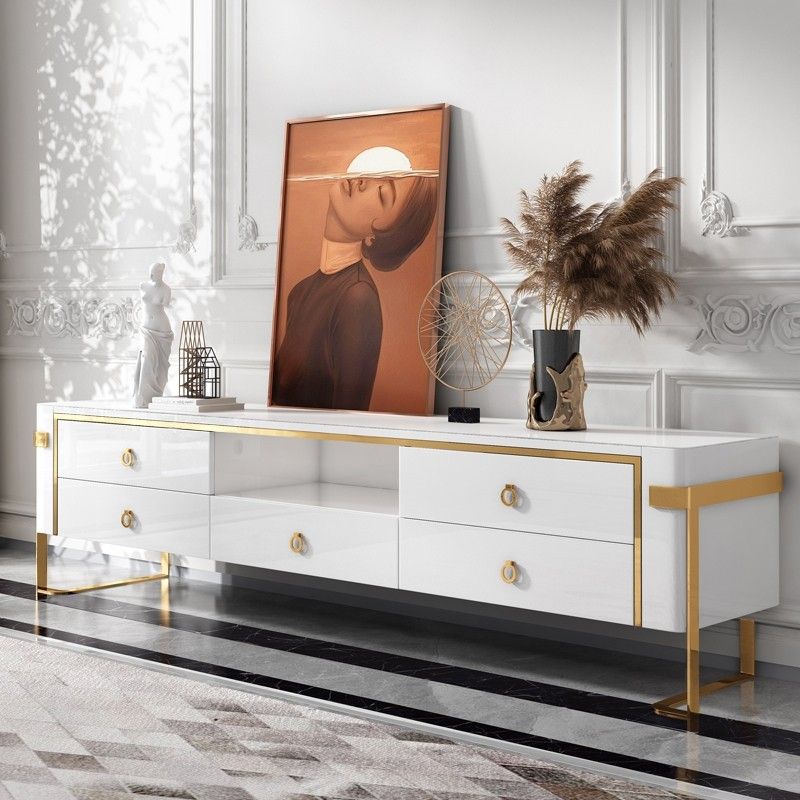 Comrty White Tv Stand Modern Gold Tv Console With Storage Pertaining To Gold Tv Cabinets (View 12 of 15)