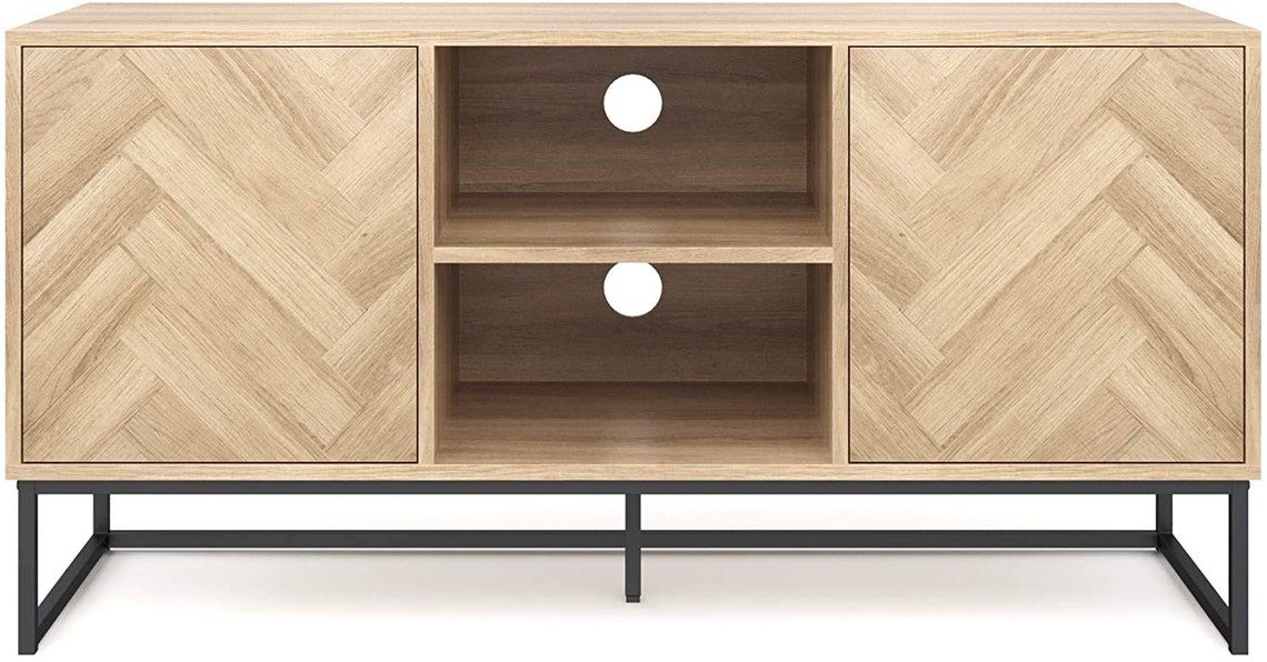 Console Cabinet Or Tv Stand With Doors For Hidden Storage Pertaining To Media Console Cabinet Tv Stands With Hidden Storage Herringbone Pattern Wood Metal (View 14 of 15)