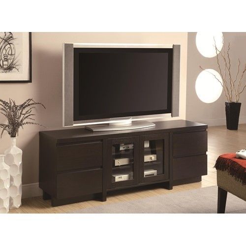 Contemporary Tv Console With 4 Drawers & 2 Glass Doors Pertaining To Dark Brown Tv Cabinets With 2 Sliding Doors And Drawer (View 1 of 15)