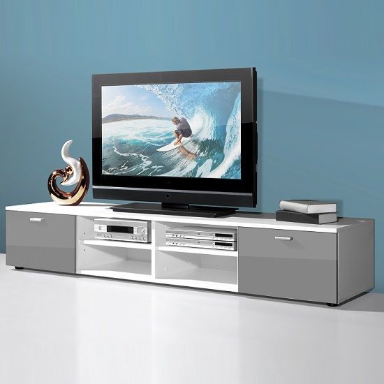 Contemporary Wide Lcd Tv Stand In White With 2 Grey Gloss In Modern White Gloss Tv Stands (View 4 of 15)
