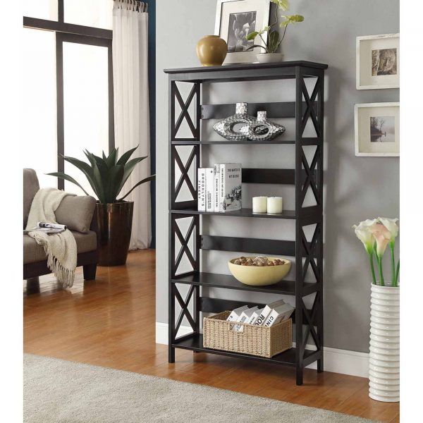 Convenience Concepts Oxford 5 Tier Bookcase, Black  Retail Within Whalen Xavier 3 In 1 Tv Stands With 3 Display Options For Flat Screens, Black With Silver Accents (View 5 of 15)