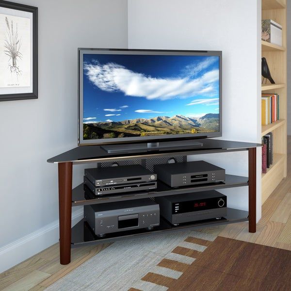 Corliving Alturas Stained Wood Corner Tv Stand For Up To Within Glass Shelves Tv Stands For Tvs Up To 60&quot; (View 7 of 15)