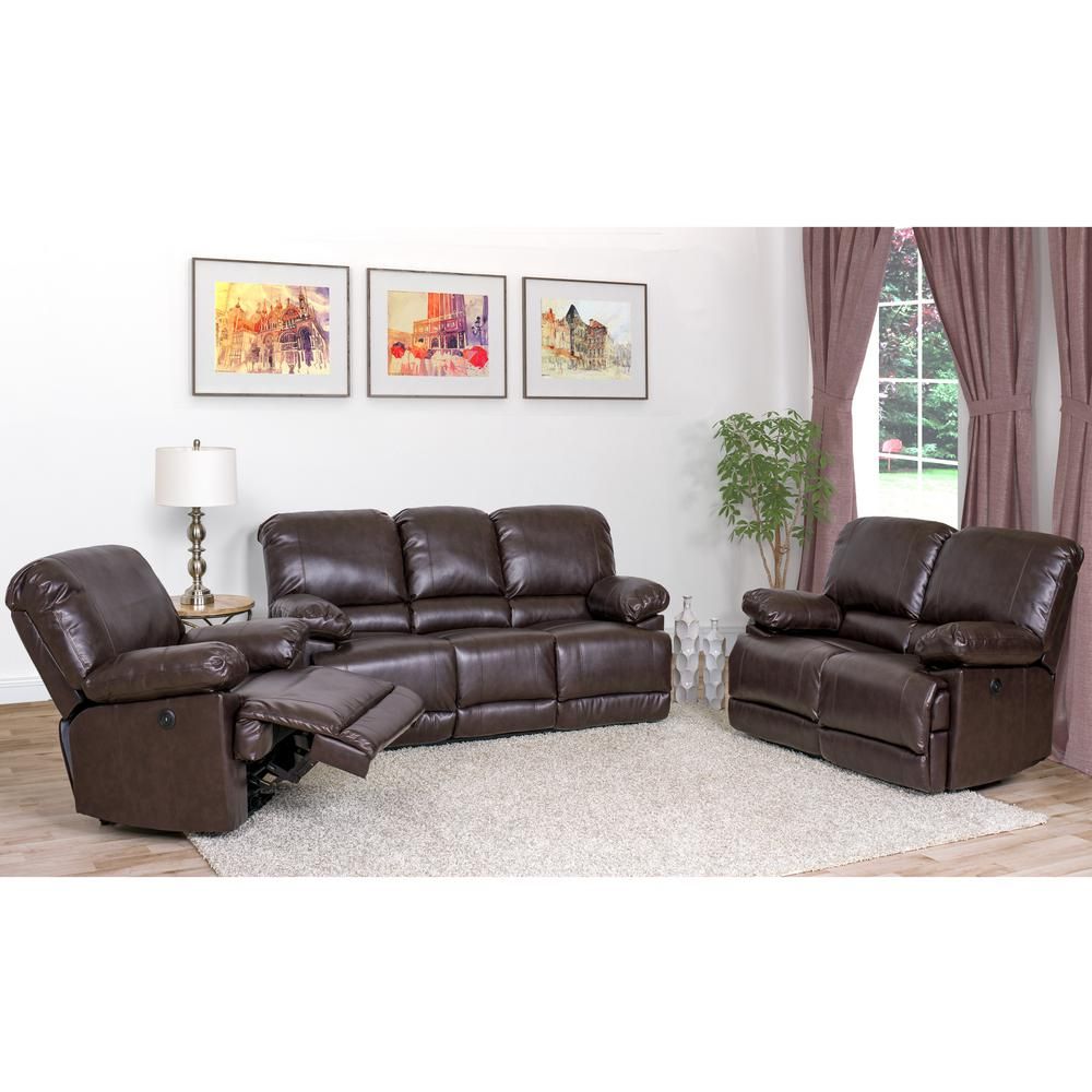 Corliving Lea 3 Piece Chocolate Brown Bonded Leather Power With 3pc Bonded Leather Upholstered Wooden Sectional Sofas Brown (View 7 of 15)
