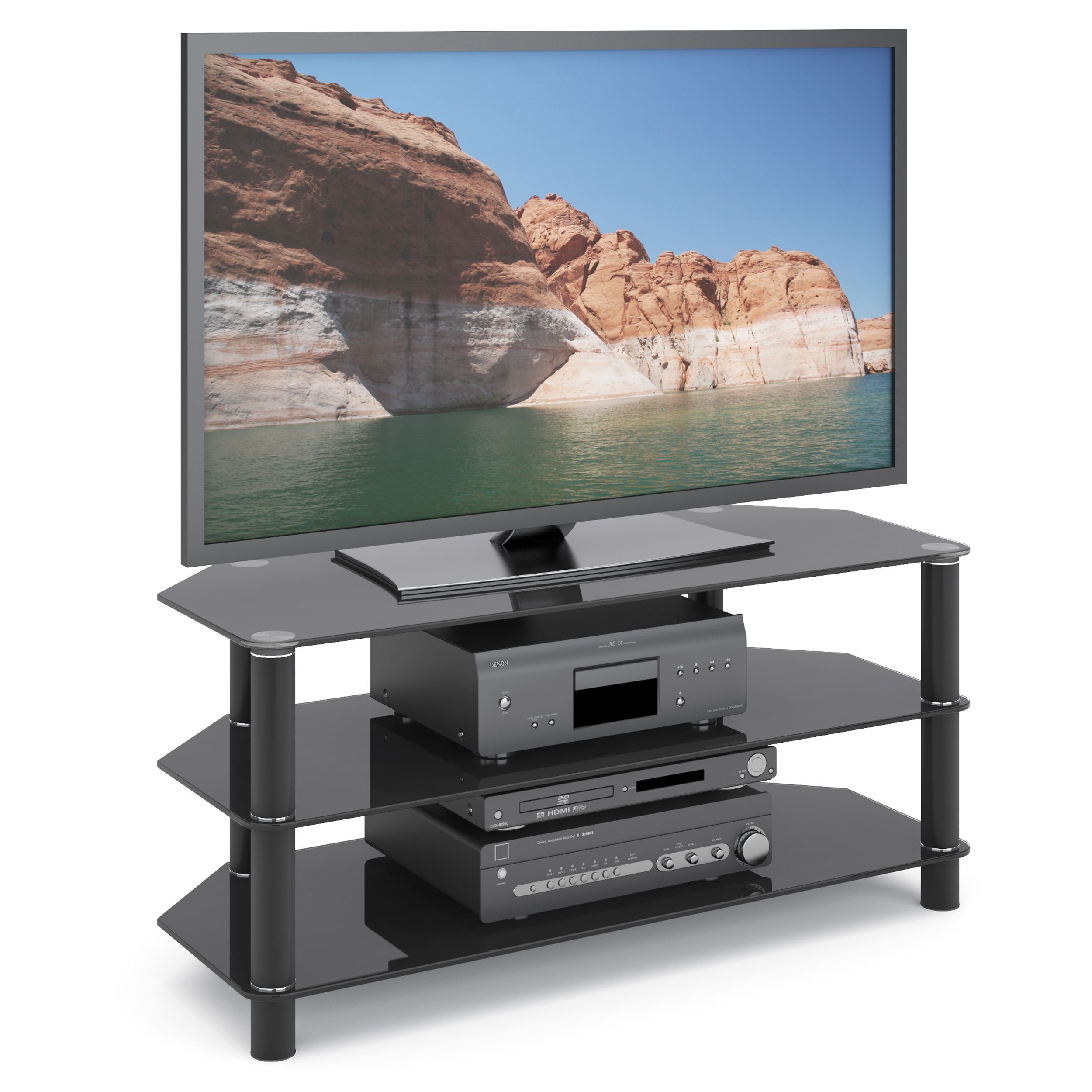 Corliving Trinidad Black Glass Corner Tv Stand For Tvs Up In Glass Tv Stands For Tvs Up To 70&quot; (View 7 of 15)