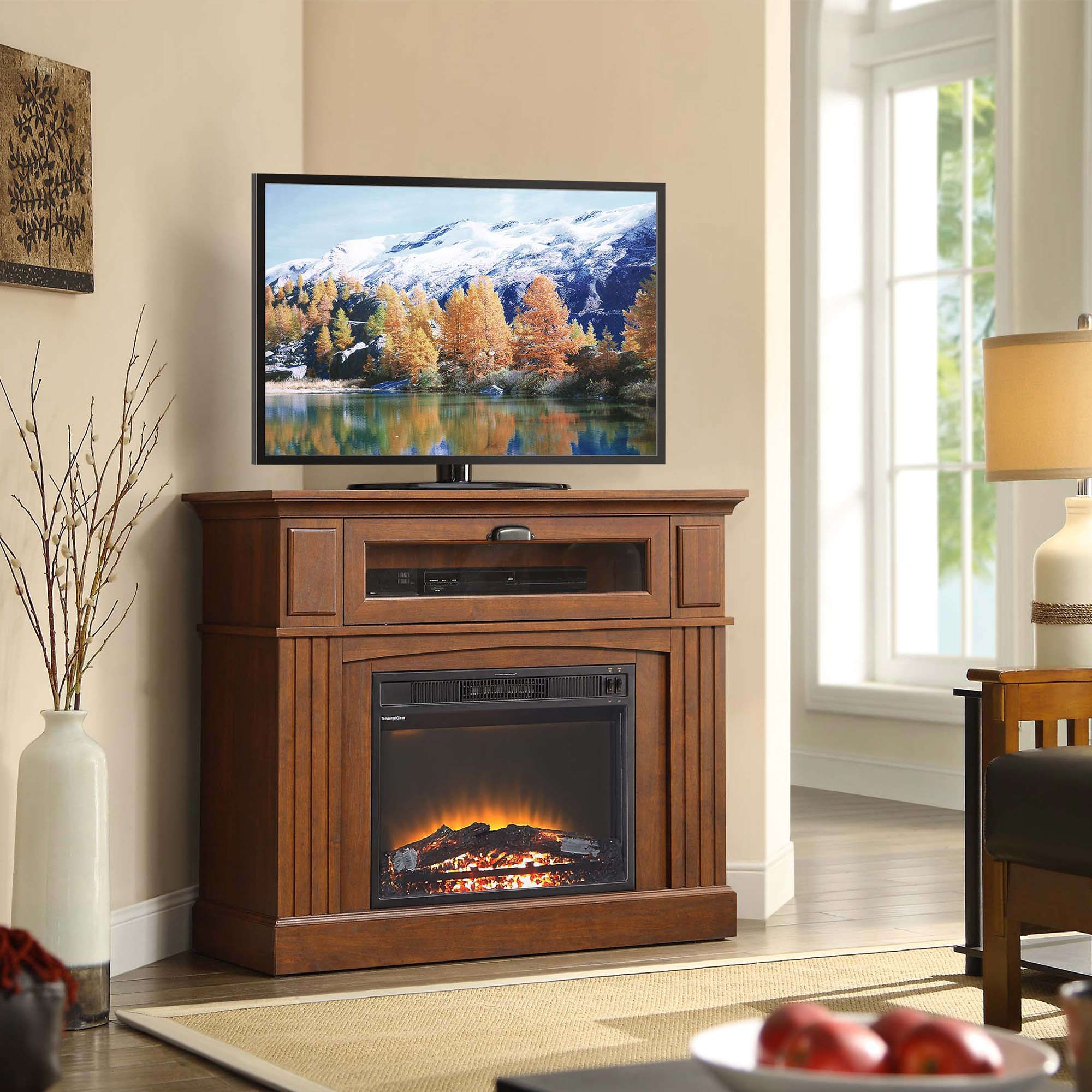 Corner Electric Fireplace Tv Stand Brown Hold Most 45 Inch For Corner Tv Stands For Flat Screen (View 9 of 15)