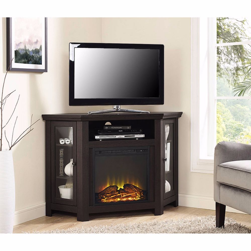 Corner Electric Fireplace Tv Stand Double Doors Tempered With Regard To Black Corner Tv Cabinets With Glass Doors (View 8 of 15)