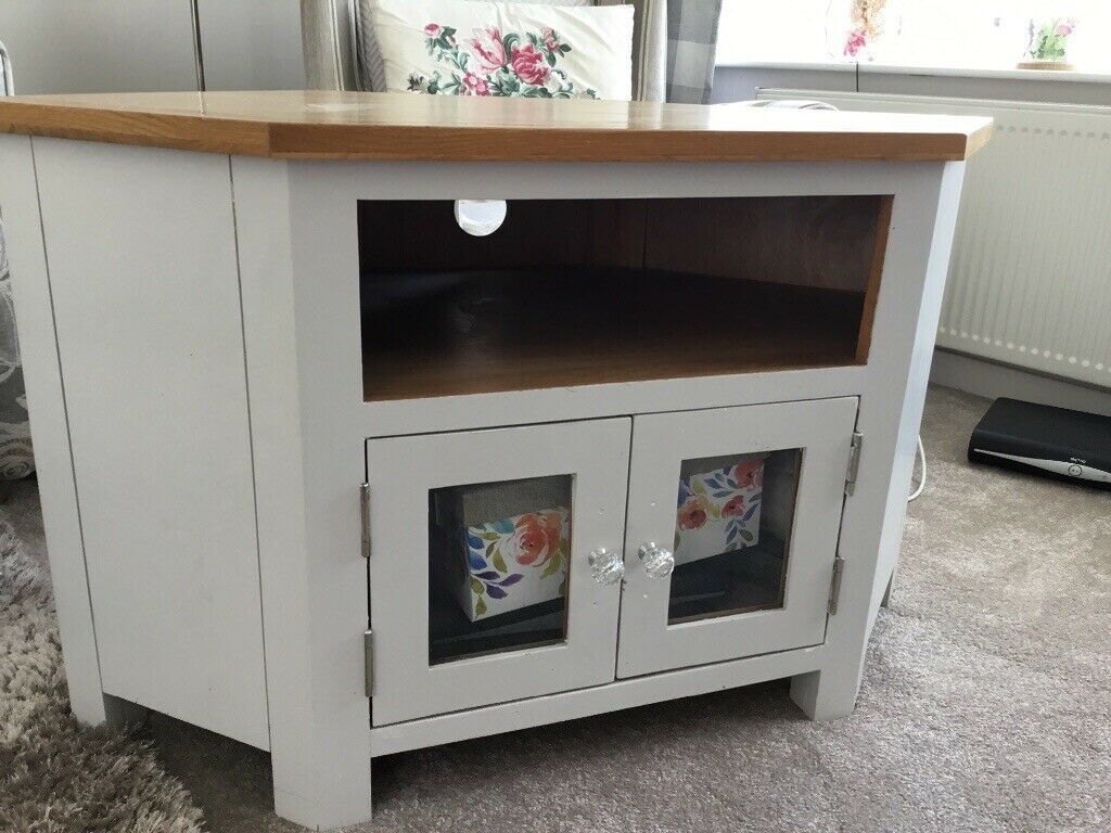 Corner Tv Cabinet, Oak Wood Painted Light Grey (View 14 of 15)