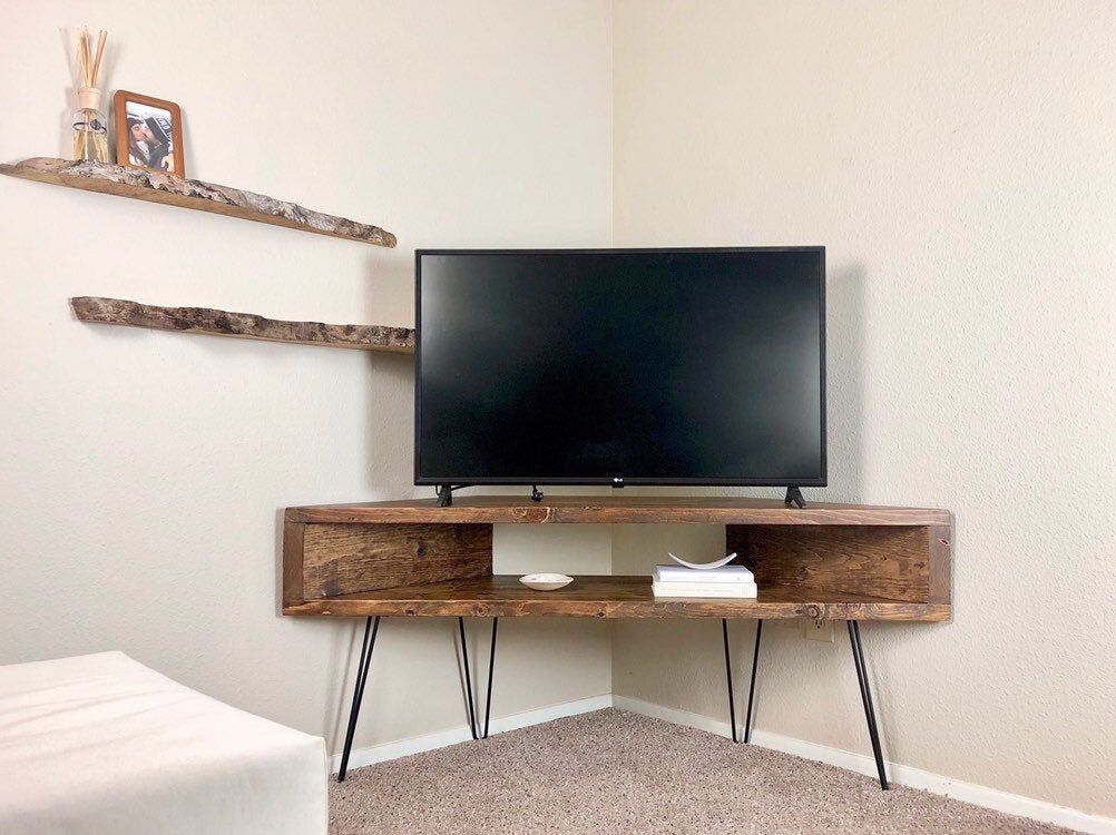 Corner Tv Media Console Table, Mid Century Style Hairpin In Hard Wood Tv Stands (View 12 of 15)