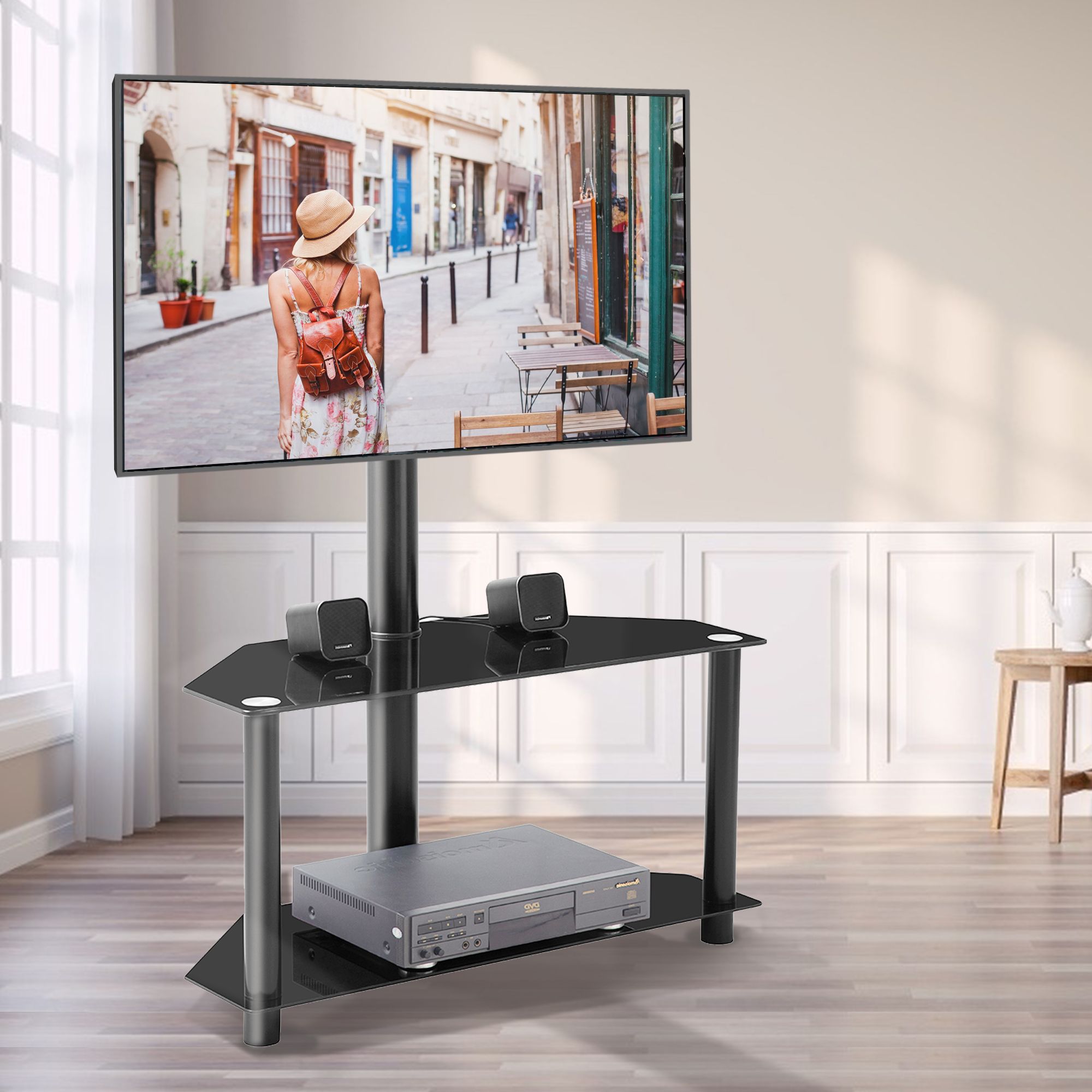 Corner Tv Stand, 2 Tier Glass Tv Stand For 32 55 Inch Lcd Throughout Led Tv Stands (View 13 of 15)