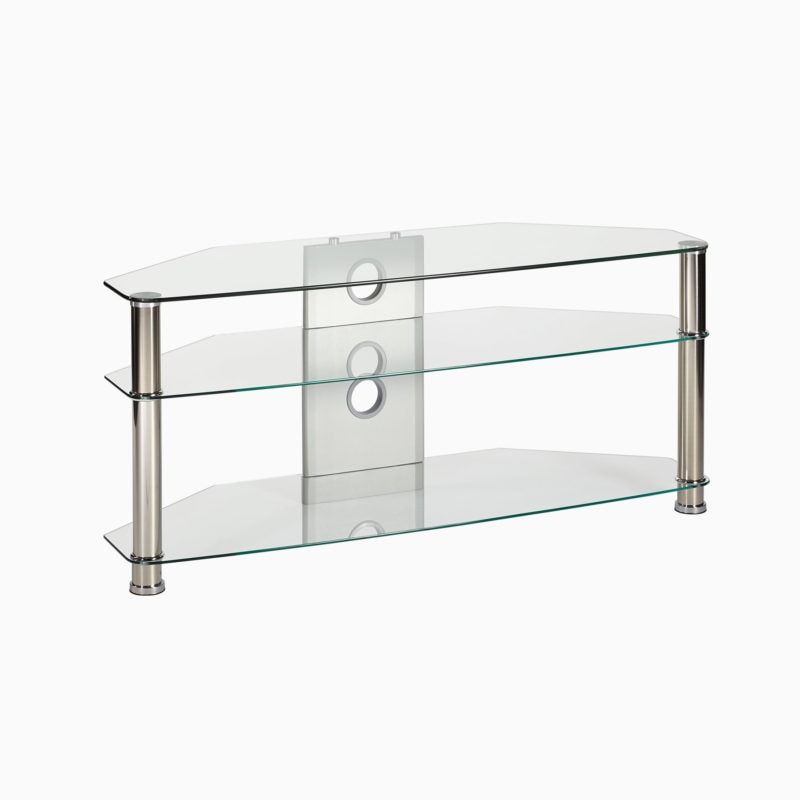 Corner Tv Stand In Clear Glass Up To 42 Inch Tv | Mmt Cl1000 With Regard To Conrad Metal/glass Corner Tv Stands (View 12 of 15)