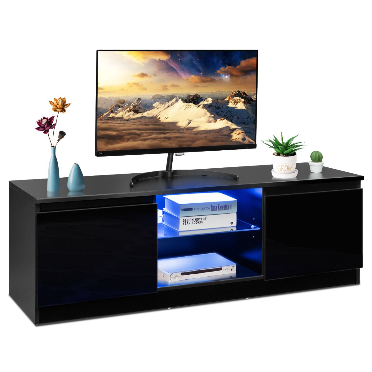 Costway High Gloss Tv Stand Media Console Cabinet W/ Led Inside Black Gloss Tv Stands (View 1 of 15)
