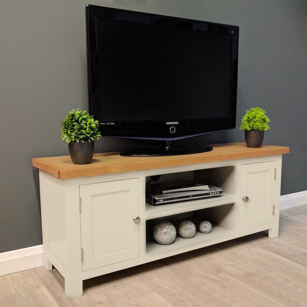 Cotswold Cream Painted Large Oak Tv Unit / Plasma / Solid Inside Large Oak Tv Cabinets (View 2 of 15)