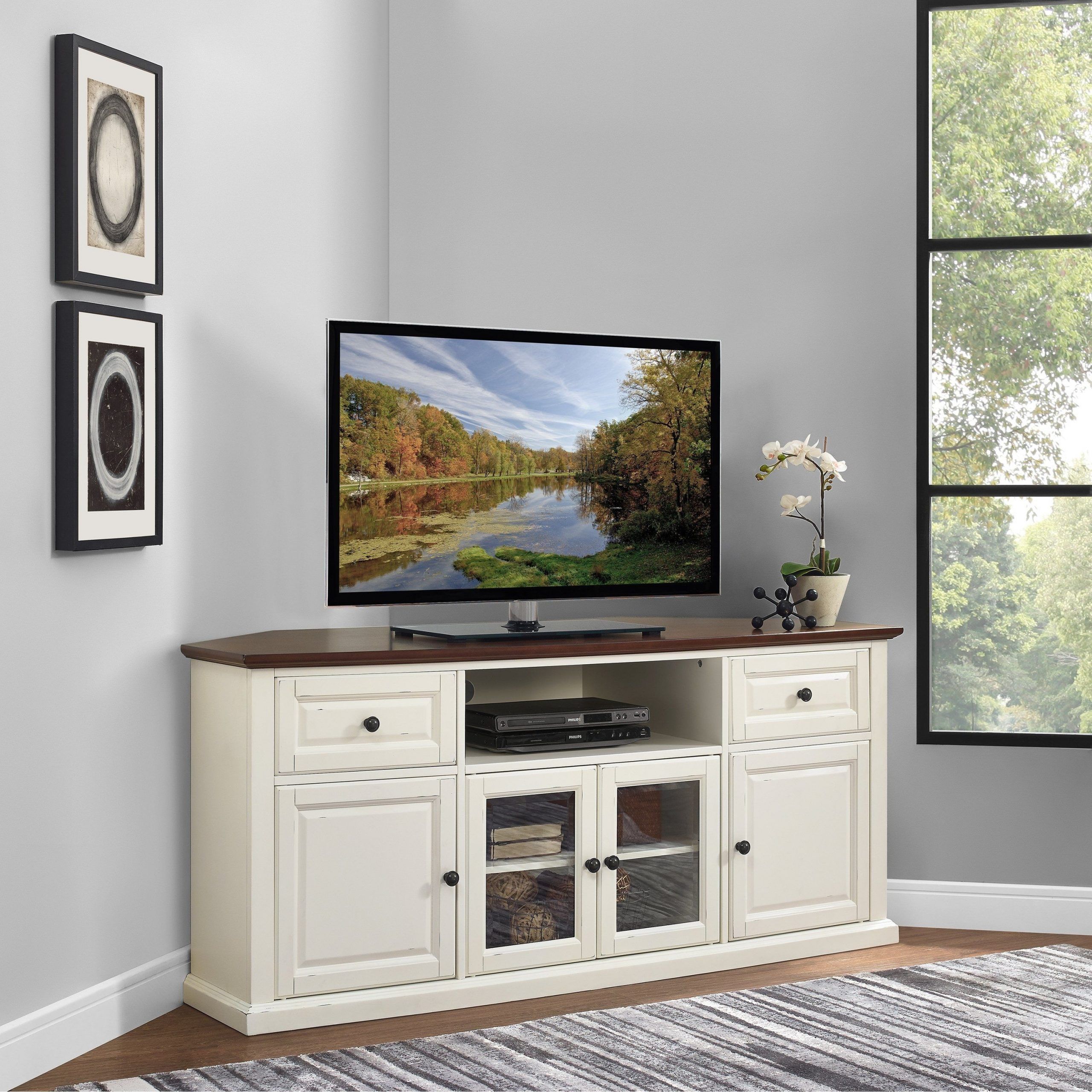 Crosley Furniture Shelby White Veneer 60 Inch Corner Tv Throughout Mahogany Corner Tv Stands (View 12 of 15)