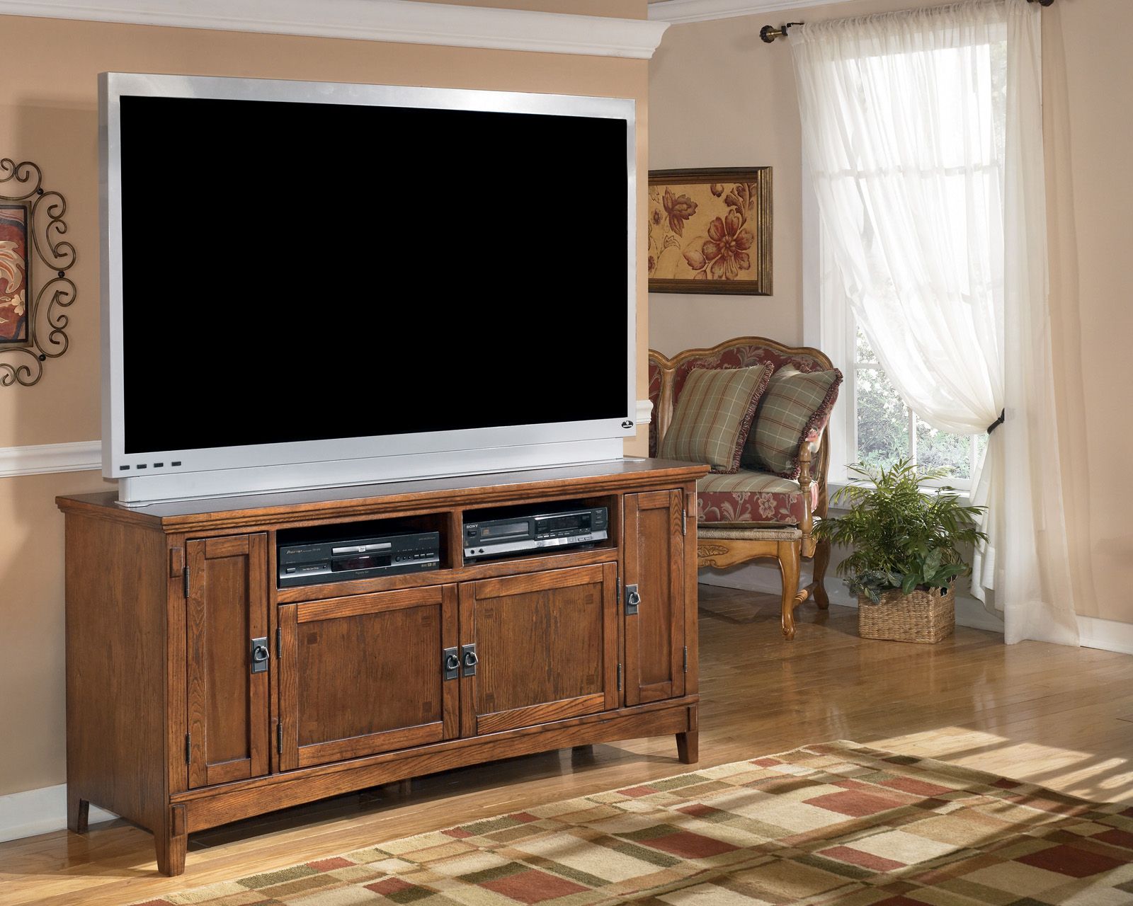 Cross Island Large Tv Stand In Medium Brown Oak Stain Inside Large Tv Cabinets (Photo 7 of 15)