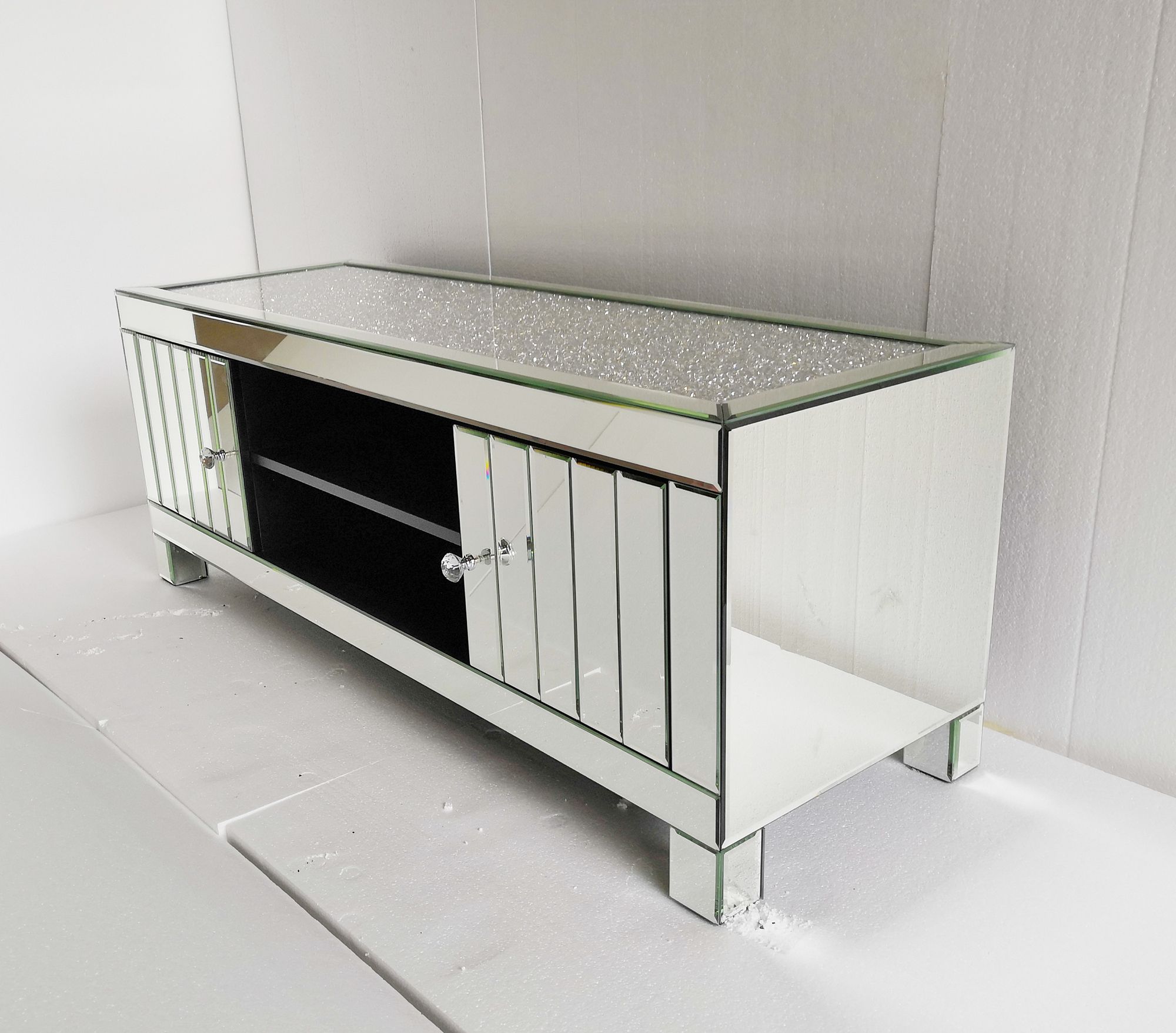 Crushed Diamond Mirrored Mosaic Tv Cabinet – Enchanted Pertaining To Mirrored Tv Cabinets Furniture (View 10 of 15)