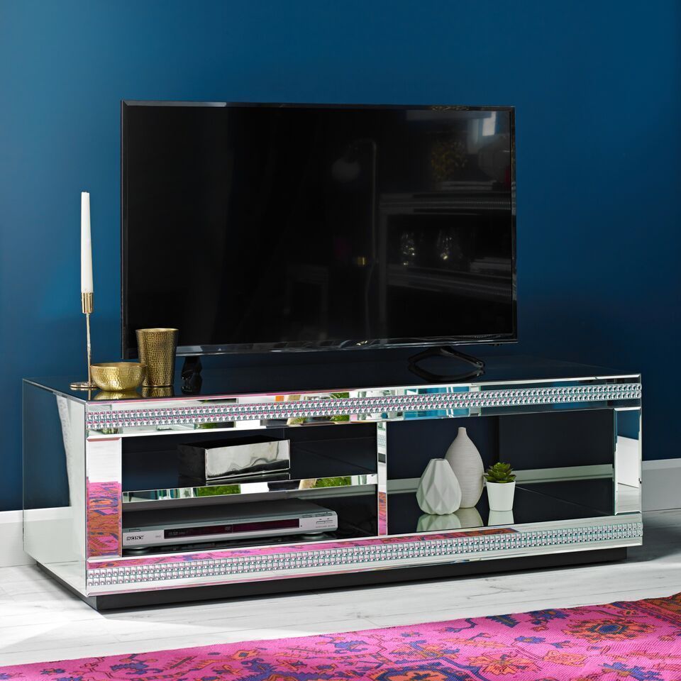Crystal Diamante Jewelled Mirrored Glass Tv Television Regarding Loren Mirrored Wide Tv Unit Stands (Photo 9 of 15)