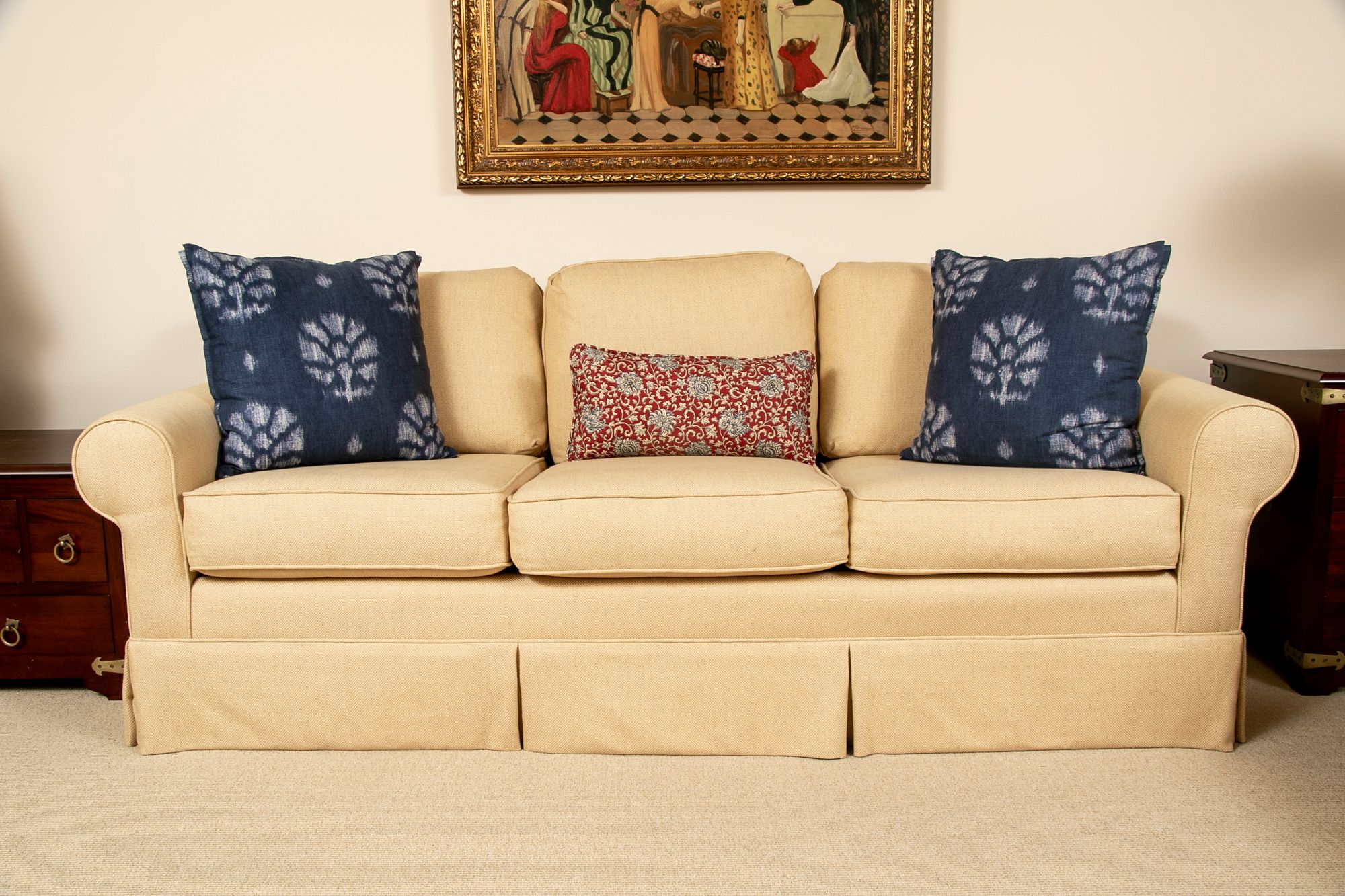 Custom Upholstered Three Cushion Pillow Back Rolled Arm In Lyvia Pillowback Sofa Sectional Sofas (View 4 of 15)