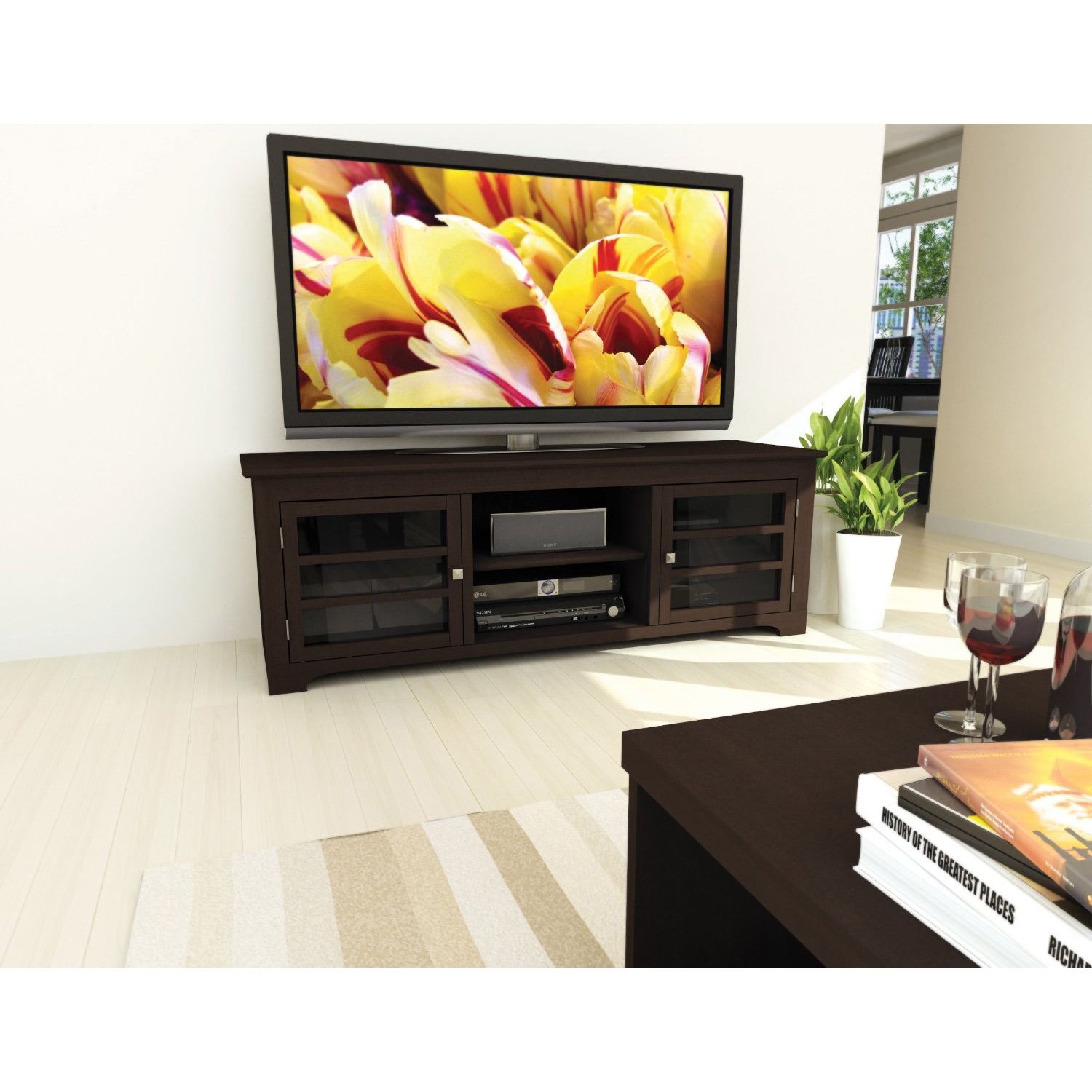 Dark Espresso Tv Stand With Glass Doors – Fits Up To 68 Intended For Glass Tv Cabinets With Doors (Photo 5 of 15)
