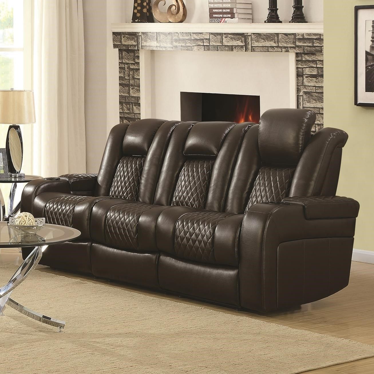 Delangelo Casual Power Reclining Sofa With Cup Holders Inside Expedition Brown Power Reclining Sofas (View 9 of 15)