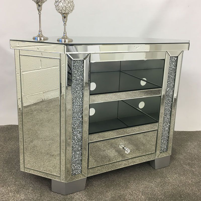 Diamond Crush Tall Mirrored Corner Tv Cabinet | Picture In Mirrored Furniture Tv Unit (View 15 of 15)
