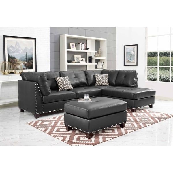 Discontinued: Black Faux Leather Sectional Sofa And Throughout Monet Right Facing Sectional Sofas (View 9 of 15)