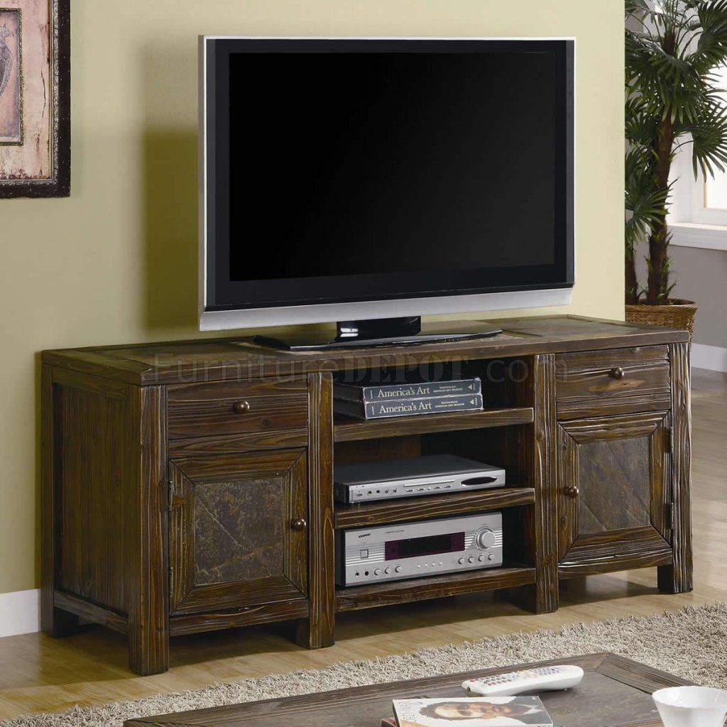 Distressed Brown Oak Finish Classic Tv Stand W/slate Inserts For Rustic Tv Stands For Sale (View 7 of 15)