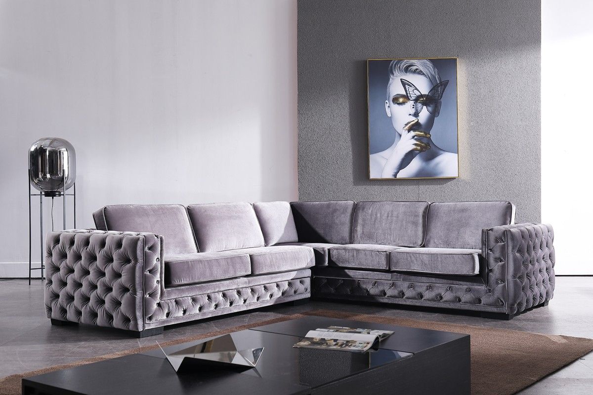 Divani Casa Jean Modern Grey Velvet Sectional Sofa In Strummer Velvet Sectional Sofas (View 5 of 15)