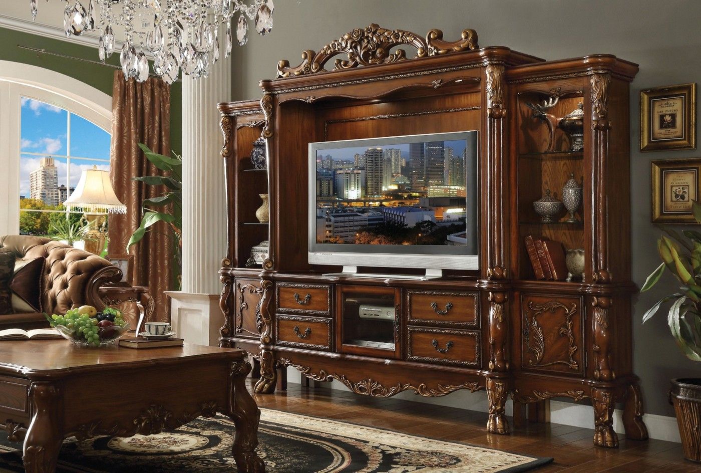 Dresden Traditional Carved Wood Tv Stand In Antique Cherry Oak Inside Cherry Wood Tv Cabinets (View 7 of 15)
