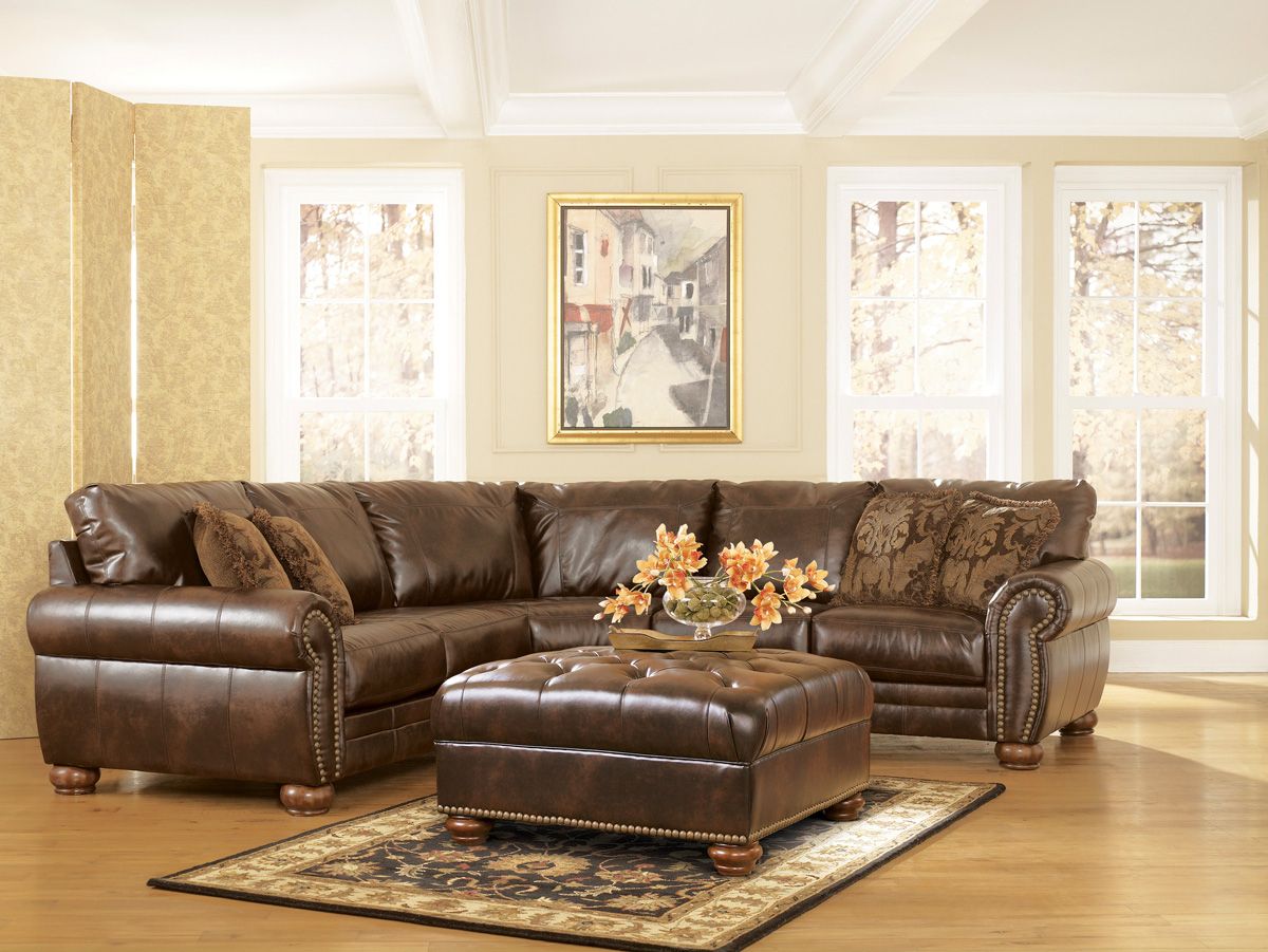 Durablend Traditional Antique Brown Sectional Sofaashley In 3pc Bonded Leather Upholstered Wooden Sectional Sofas Brown (View 10 of 15)