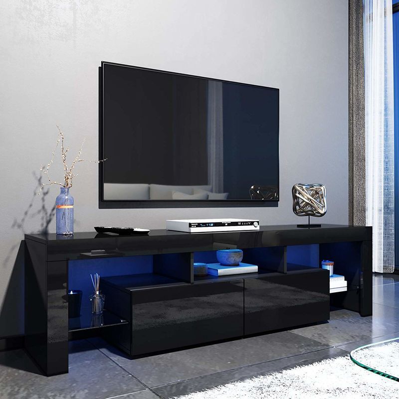 Elegant 1600mm Modern Black Gloss Tv Unit Stand With Led For Carbon Tv Unit Stands (View 4 of 15)