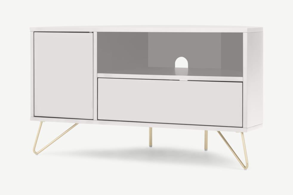 Elona Corner Media Unit, Ivory White & Brass | Made For Compton Ivory Corner Tv Stands With Baskets (View 14 of 15)