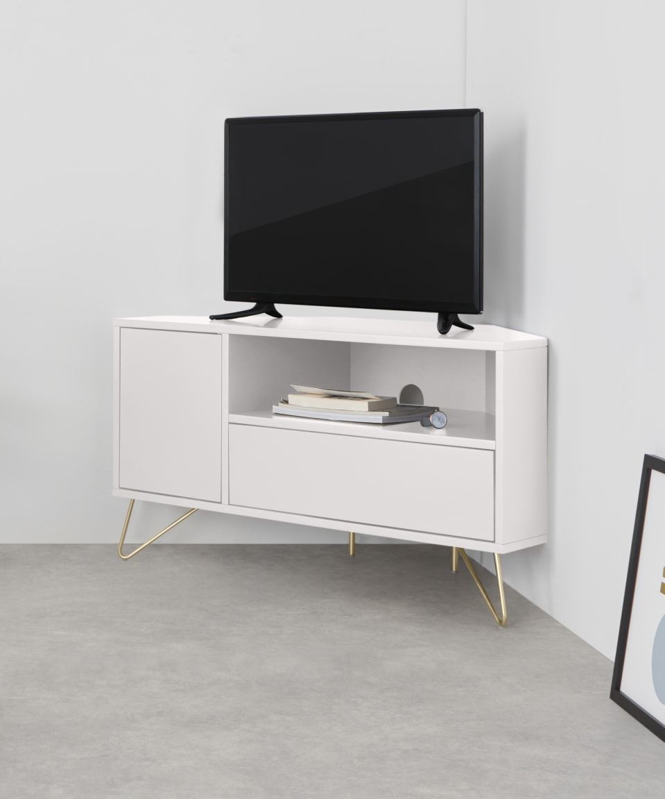 Elona Corner Media Unit, Ivory White & Brass | Made With Compton Ivory Corner Tv Stands With Baskets (View 4 of 15)