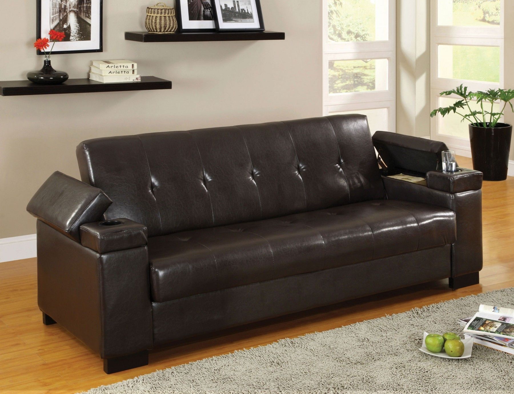 Enrico Sofa Bed With Storage & Cup Holder – Futons Intended For Celine Sectional Futon Sofas With Storage Reclining Couch (Photo 11 of 15)