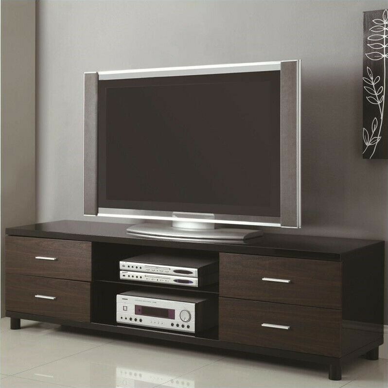 Entertainment Center Wood Low Profile 71" 4 Drawer Two In Black Tv Stands With Drawers (View 4 of 15)