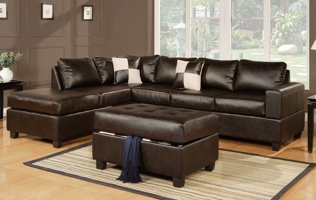 Espresso Leather Match Sectional Sofa With Reversible With Regard To Celine Sectional Futon Sofas With Storage Camel Faux Leather (View 7 of 15)