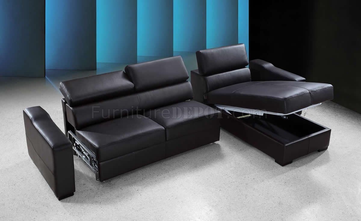 Espresso Leather Modern Sectional Sofa Bed W/storage In Palisades Reversible Small Space Sectional Sofas With Storage (View 14 of 15)