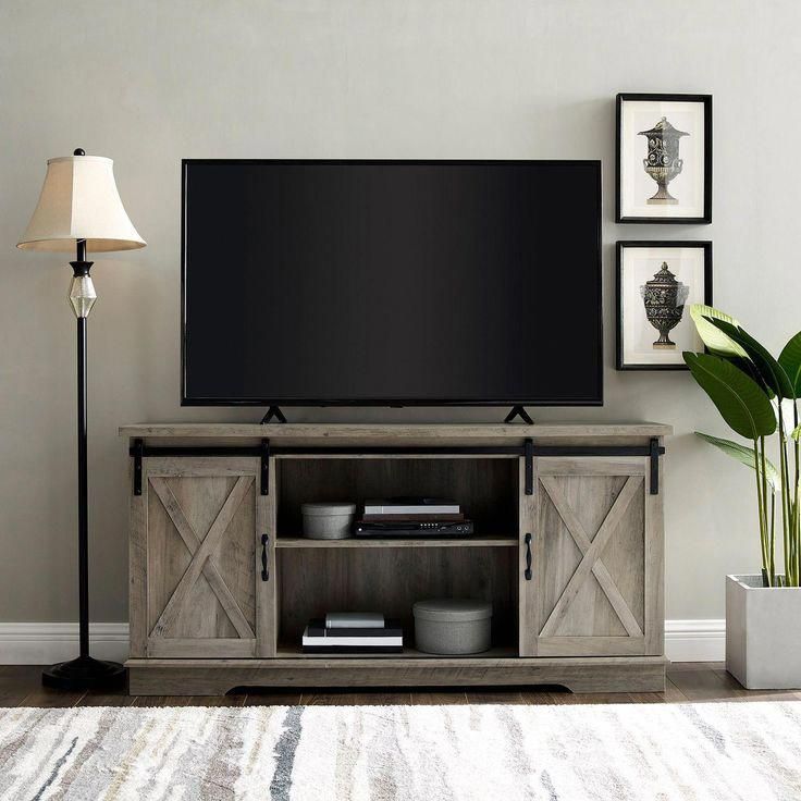 Farmhouse Graywash Sliding Barn Door 58" Tv Stand In 2020 Inside Modern Farmhouse Style 58" Tv Stands With Sliding Barn Door (View 10 of 15)