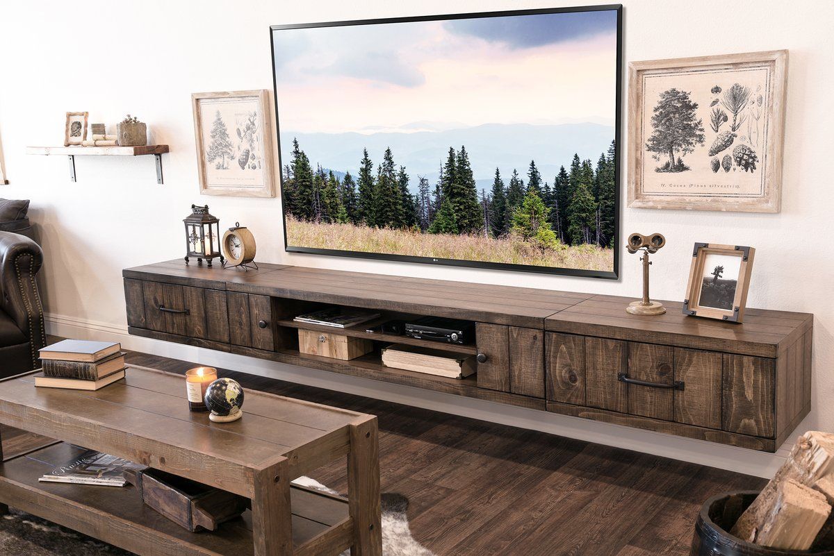 Farmhouse Rustic Wood Floating Tv Stand Entertainment Inside Long Tv Stands Furniture (View 11 of 15)