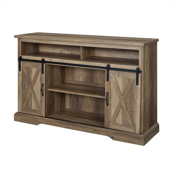 Farmhouse Sliding Barndoor Highboy Tv Stand For Tvs Up To Intended For Modern Farmhouse Style 58" Tv Stands With Sliding Barn Door (View 15 of 15)