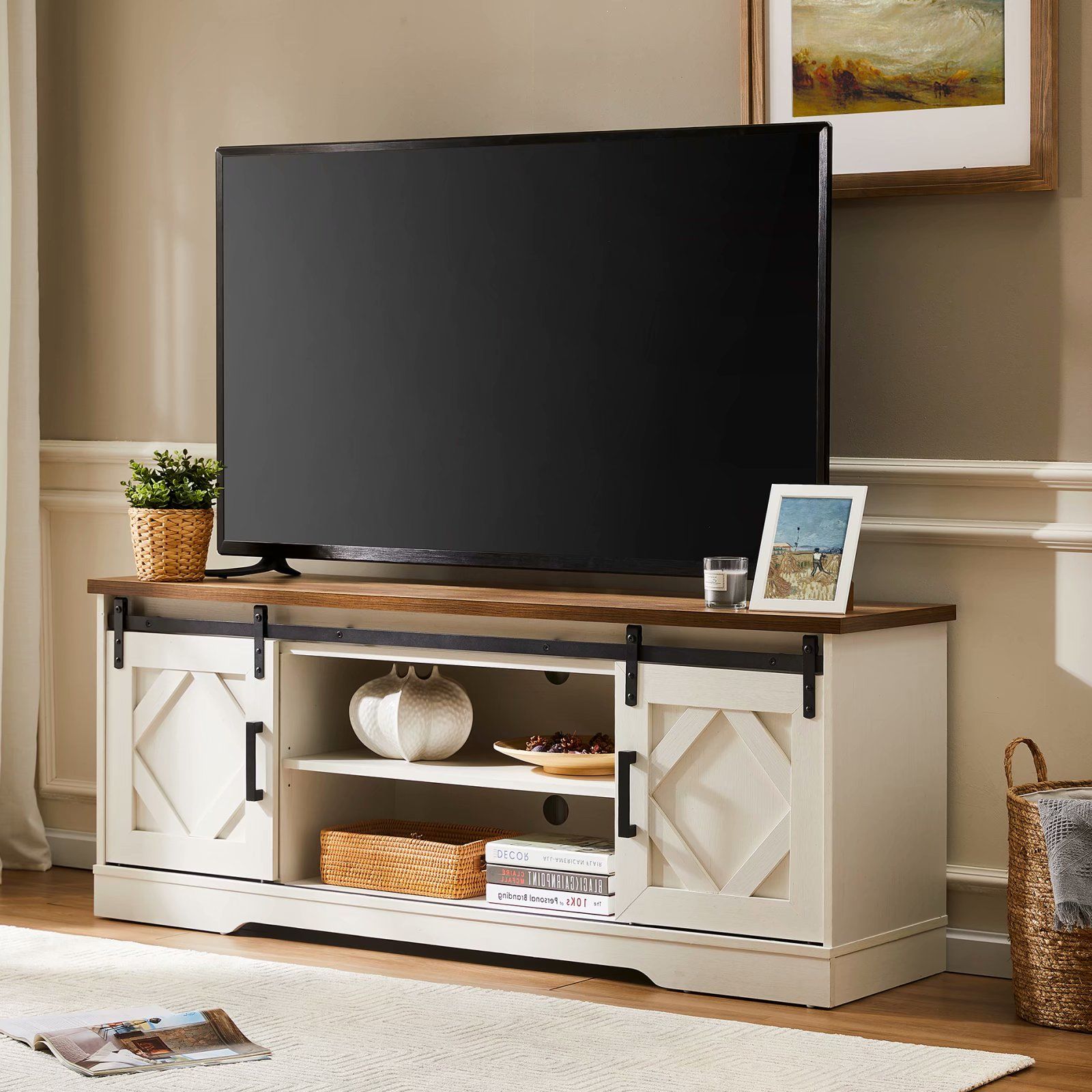 Farmhouse Tv Stand For Tv Up To 65",sliding Barn Door In Glass Shelves Tv Stands For Tvs Up To 65" (View 1 of 15)