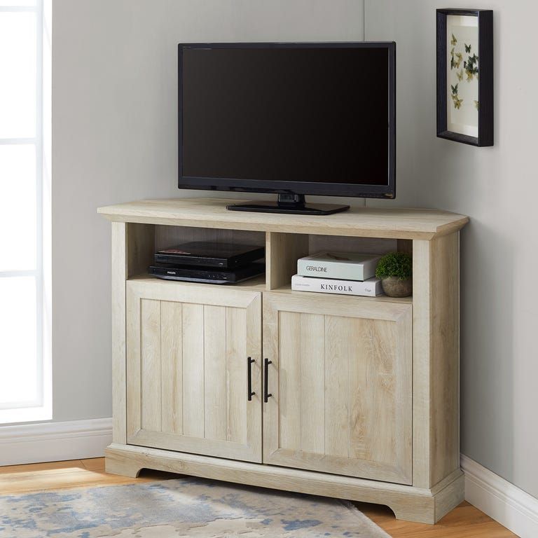Farmhouse White Oak Corner Tv Stand With Beadboard Door Intended For Grooved Door Corner Tv Stands (View 5 of 15)